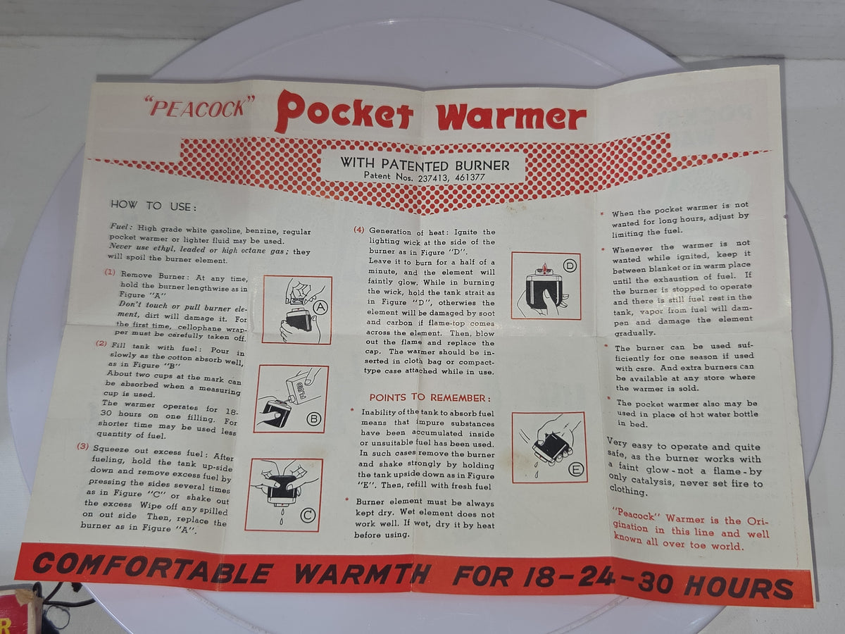 Vintage Peacock Chrome Plated Pocket Hand Warmer Original Box Bag Instructions vhw2