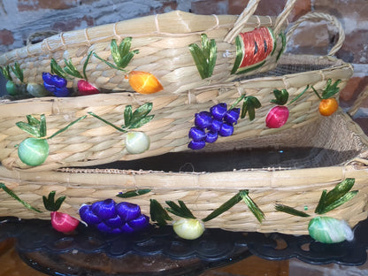 3 Vintage Boho Nesting Raffia Wicker Straw Lined Casserole Baskets, Tray Set 1970s or 1980s