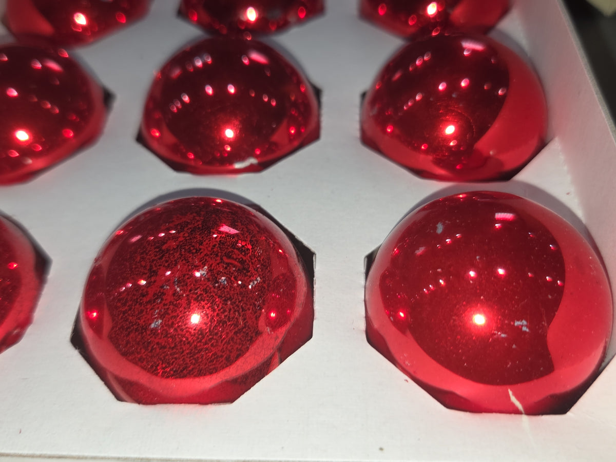 Vintage Pyramid Rauch Glass Ornaments Red 1 3/4" ornaments 2 Boxes 30 Ornaments AS IS Scratched bo87