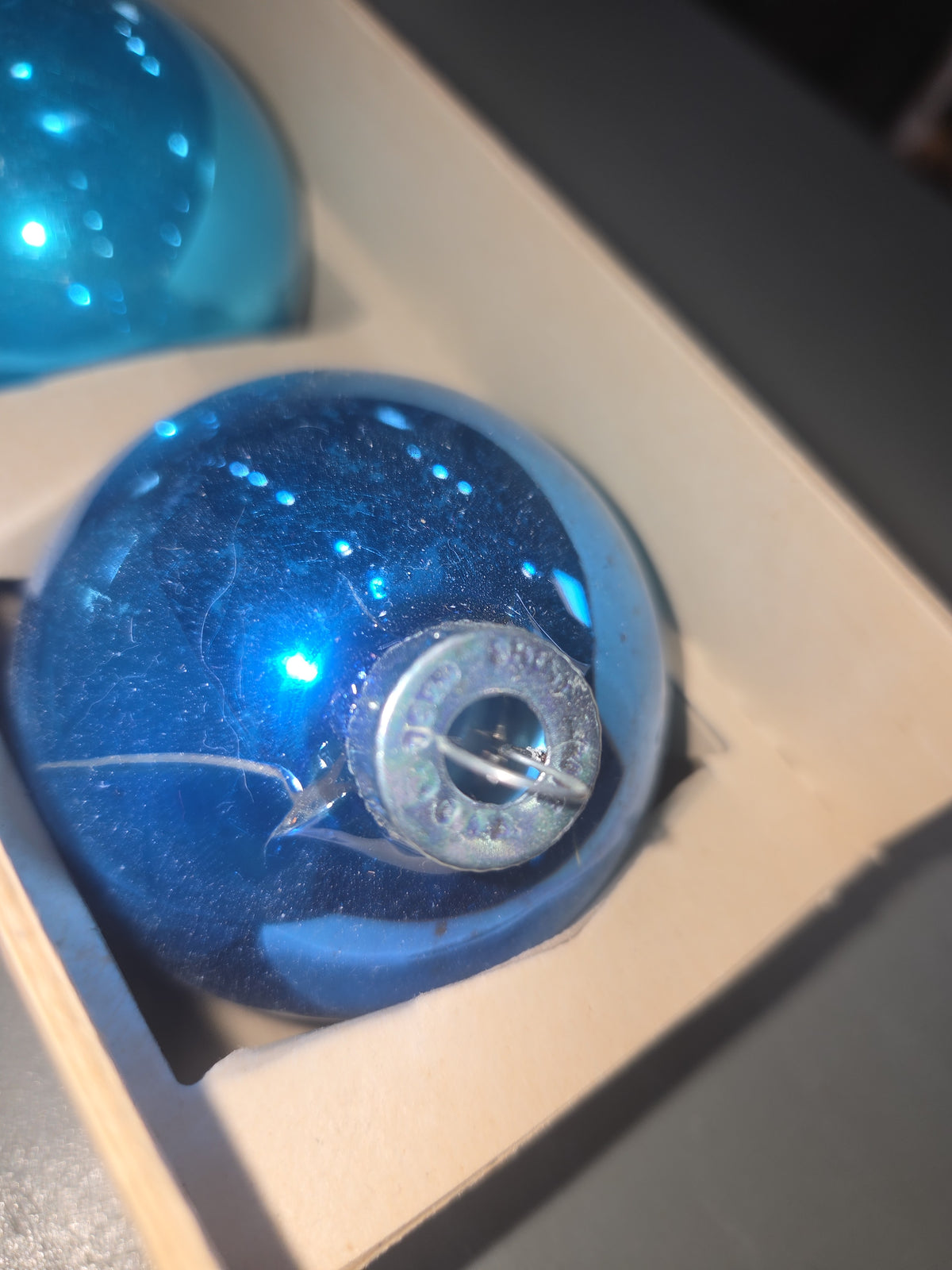 Vintage Shiny Brite Glass Christmas Ornaments Five 3" Blue Shades in Fanci-Pak Box As Is sb5