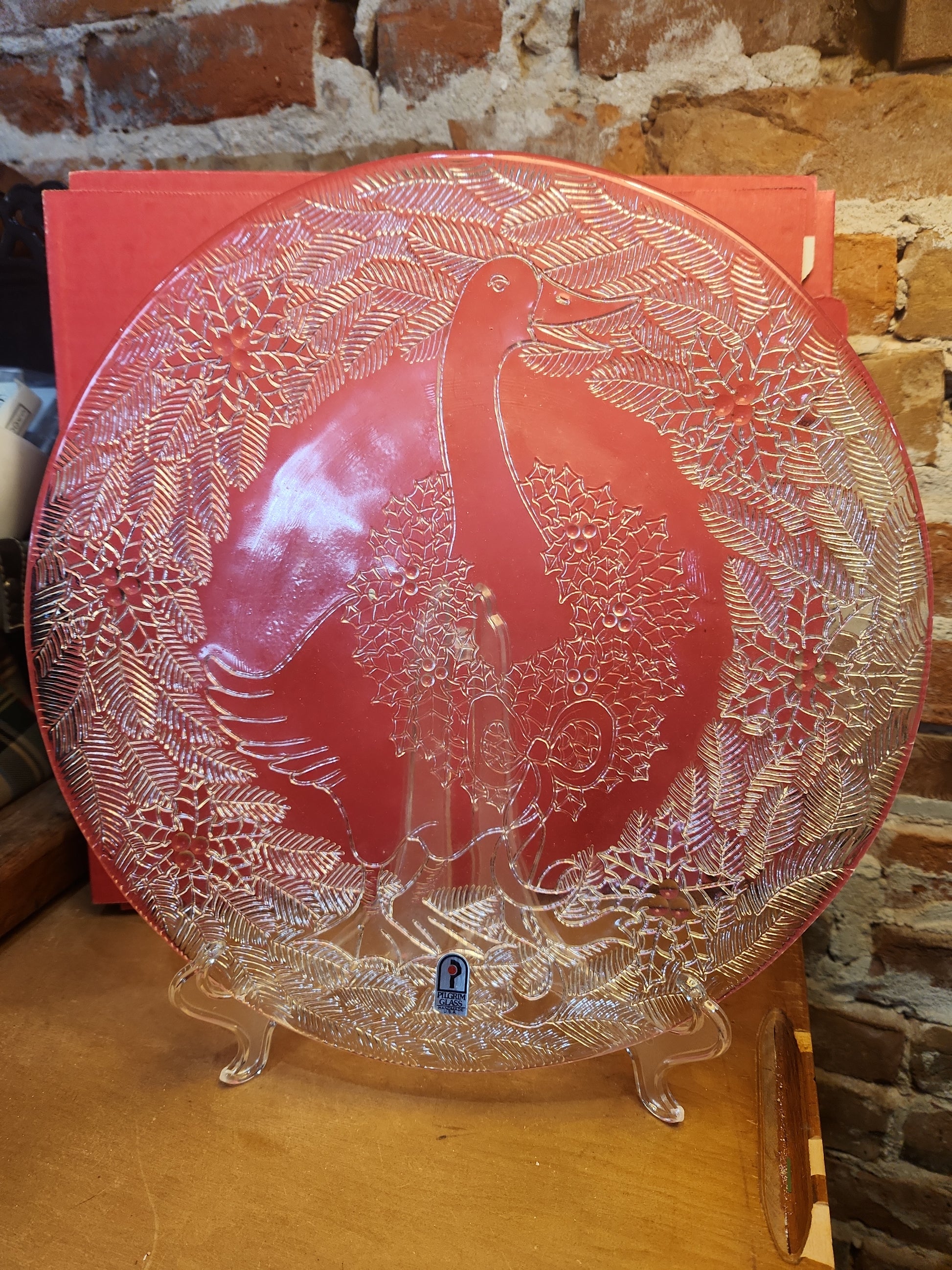 Vintage Pilgrim Glass Serving Plate Platter With a Goose Wearing a Wreath pl81
