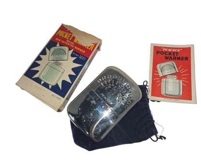 Vintage Peacock Chrome Plated Pocket Hand Warmer Original Box Bag Instructions vhw2