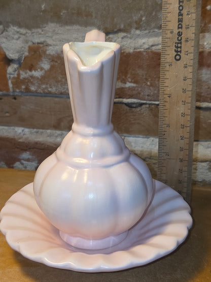 Vintage Ceramic Bisque Pitcher and Bowl 6" Tall Light Pink vp1