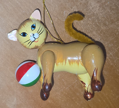 Vintage Wooden Ornaments Snowman Cat Shoe Tree Set of 5 MCM Kitchy