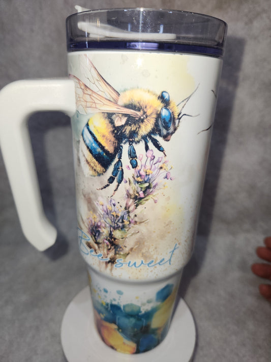 30 Oz Stainless Steel Insulated Tumbler says, "Bee Sweet, Bee Kind, Bee Happy" tbee1