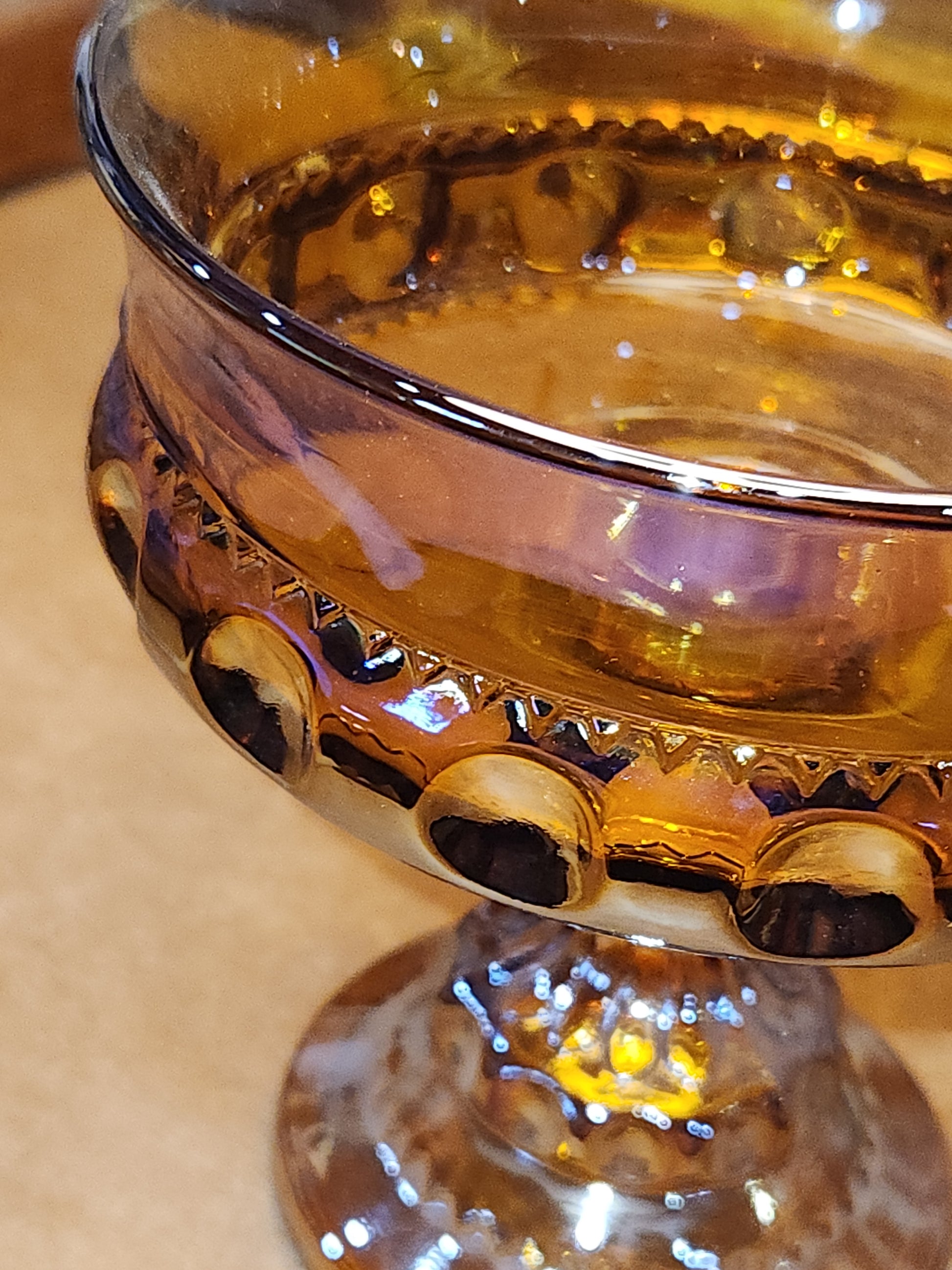 Indiana Glass Compote Kings Crown Thumbprint Pedestal Candy Dish Iridescent Gold cg9