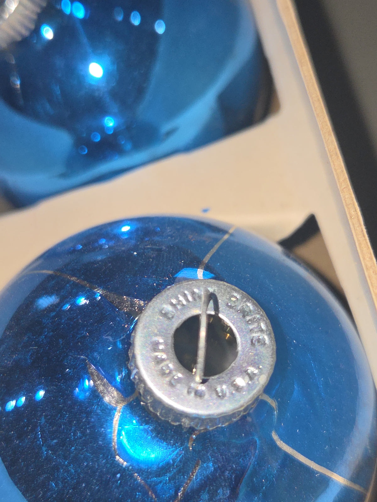 Vintage Shiny Brite Glass Christmas Ornaments Five 3" Blue Shades in Fanci-Pak Box As Is sb10