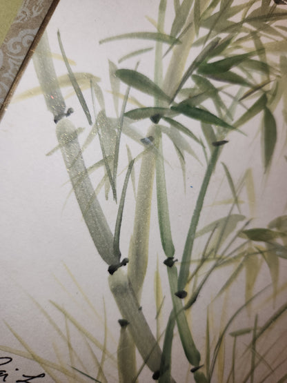 Vintage Peggy Pai Laughlin Framed Mixed Medium Painting B Hawaii Bamboo Dedicated by Artist 9 x 12 Frame