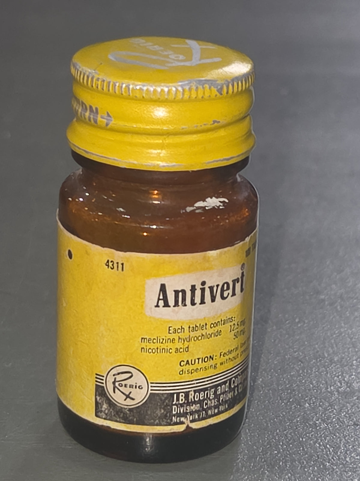 Vintage Medicine Bottle Antivert Amber Brown Glass J B Roerig and Company EMPTY vmb08