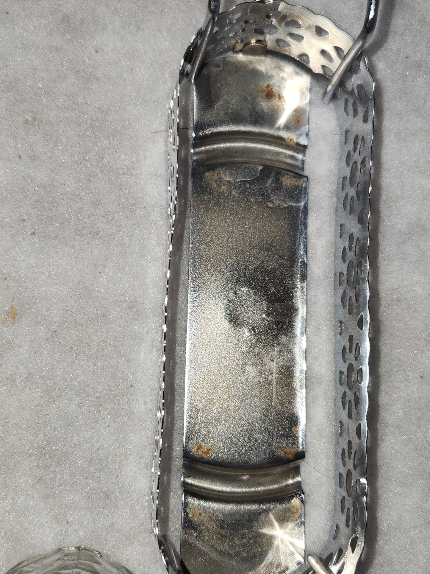 Vintage clear cut glass salt, pepper and condiment set in aluminum holder has tiny spoon sps24