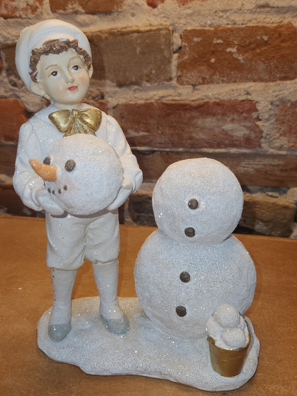 Kid Building Snowman Figurine Resin White Gold sm11