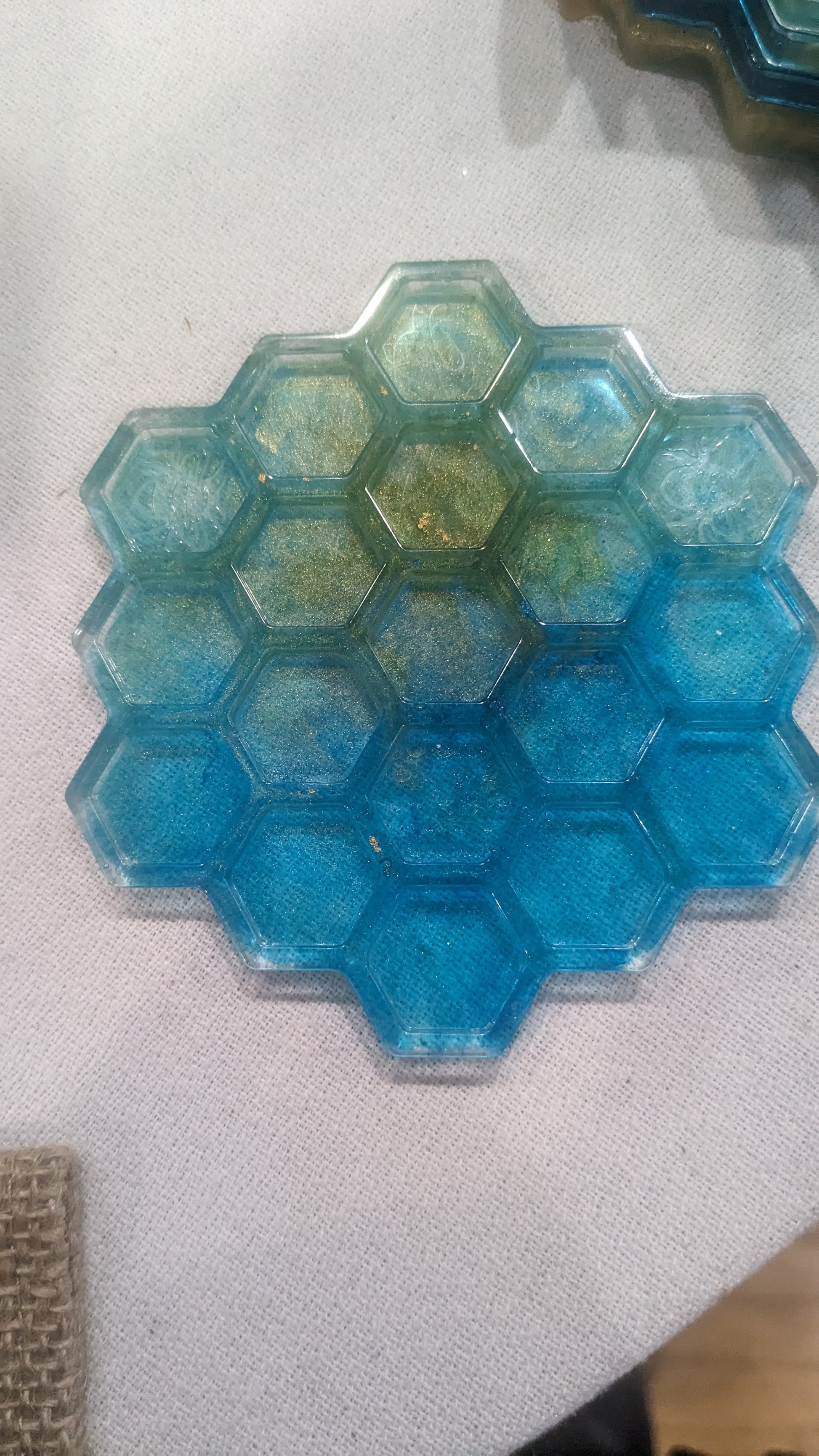 Coaster Set turquoise and gold honeycomb and Bee