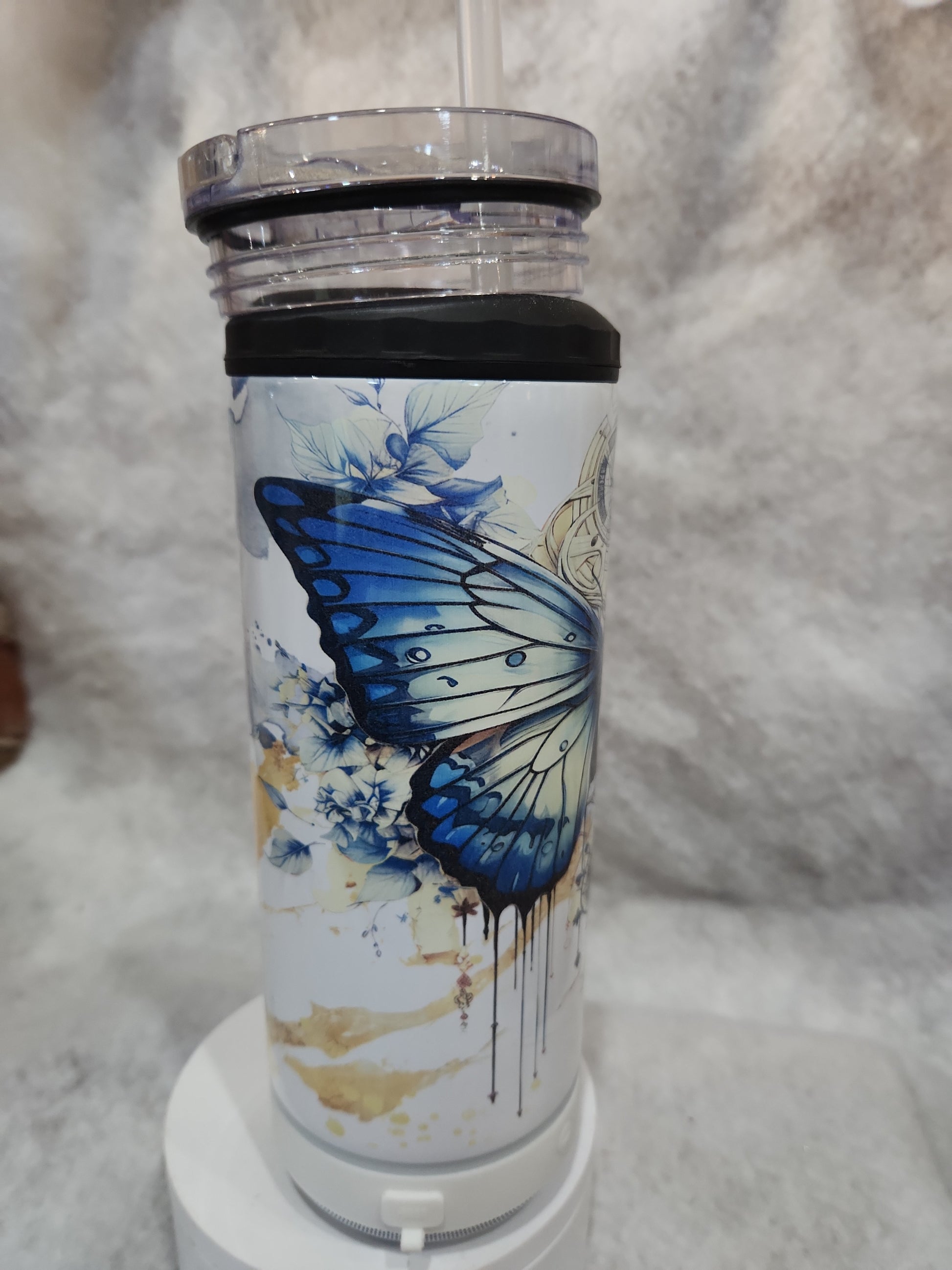 17 Oz Stainless Steel Insulated Tumbler with can cooler Top & Tumbler Top With White, Rechargeable, Removeable Speaker. Butterfly stb6