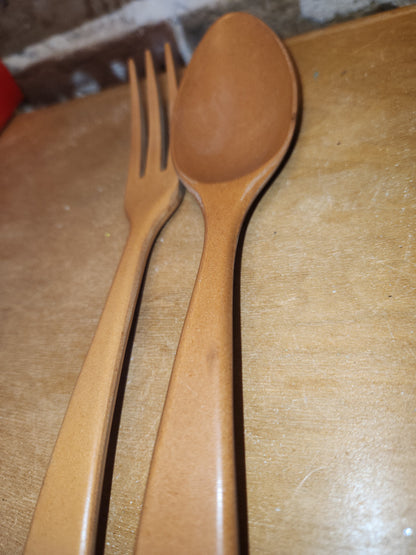 Vintage Fllingers Agatized Wood Salad Fork And Spoon Set Sheboygan Wisconsin kit56