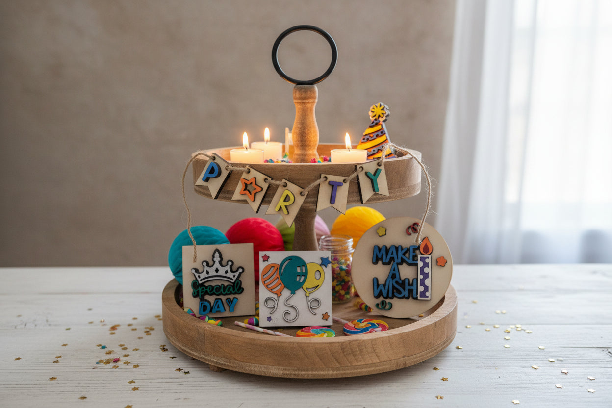 Tier Tray Decorations Handcrafted Birthday Set Balloon, hat, cake, crown, candle, banner ttb1