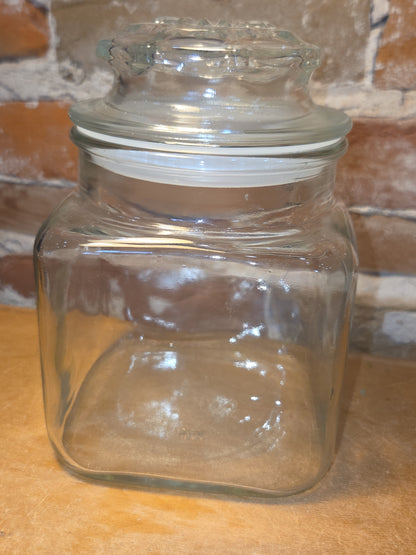 Vintage Clear Glass Square Canister with Sunburst Lid 6 1/4" square sj3