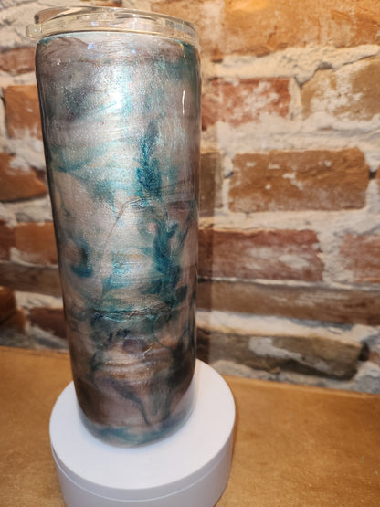 20 ounce stainless steel insulated alcohol ink art Tumbler tan, pink, aqua, white with 2 Lids. AS IS CLEARANCE ai22