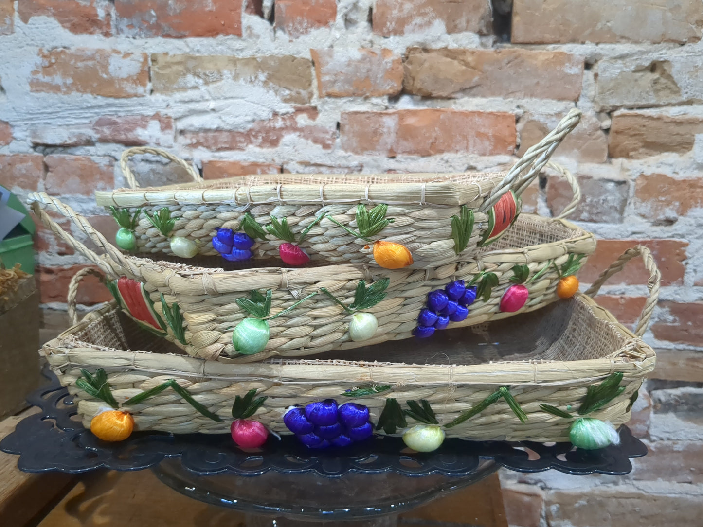 3 Vintage Boho Nesting Raffia Wicker Straw Lined Casserole Baskets, Tray Set 1970s or 1980s