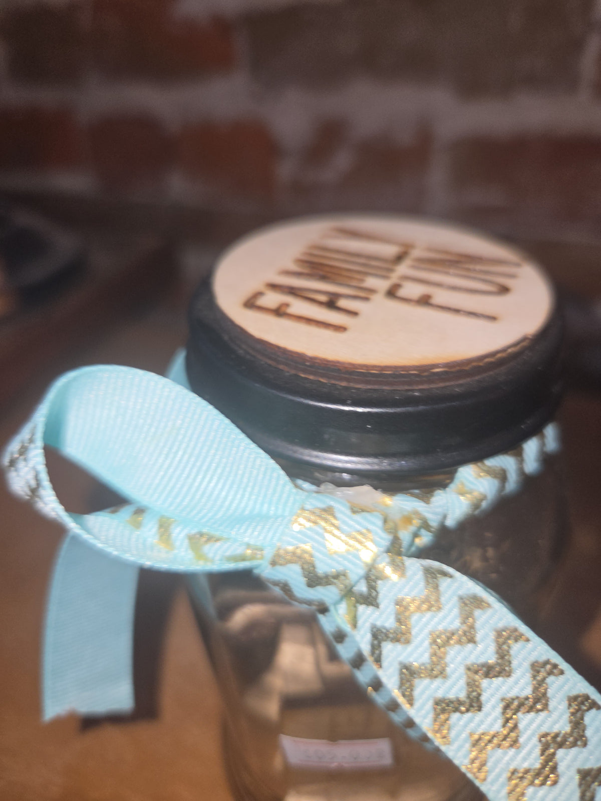 Family Fun Jar Pick an Activity with Sea Foam Gold Ribbon ffj6