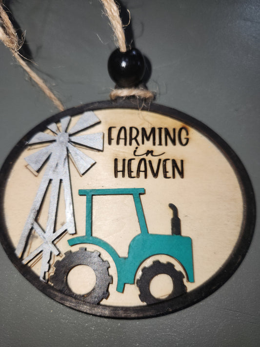 Ornament or car charm memorial memorial with green tractor and windmill