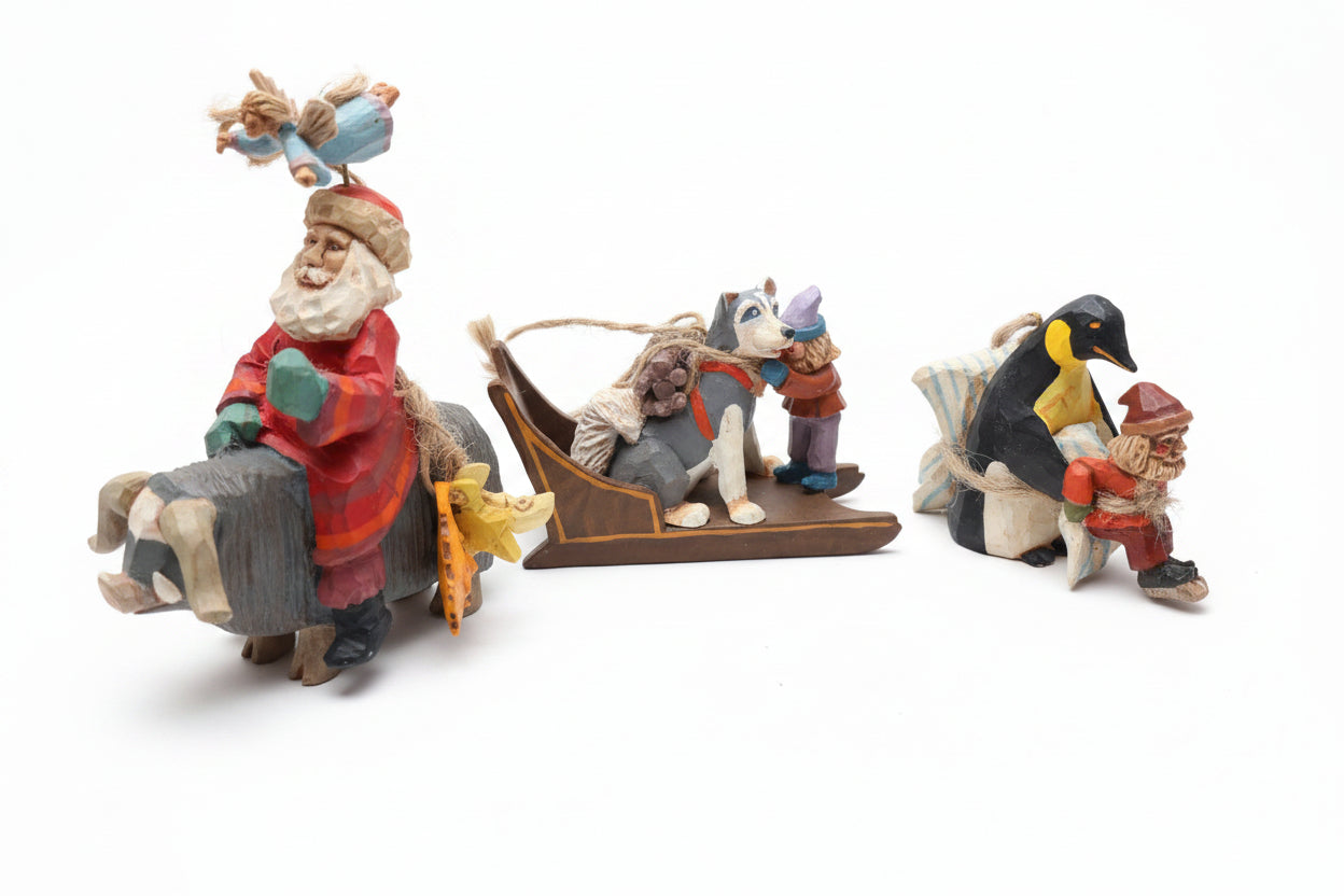 Vintage Hallmark Keepsake Ornaments Folk Art Collection "Learning to Skate" "Guiding Santa" "Fetching the Firewood" Set of 3 from 1995 No Box As Is