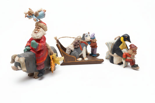 Vintage Hallmark Keepsake Ornaments Folk Art Collection "Learning to Skate" "Guiding Santa" "Fetching the Firewood" Set of 3 from 1995 No Box As Is