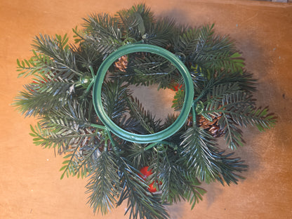 Vintage Christmas Candle Ring Centerpiece Plastic Greenery Pinecone Pear Berry Evergreen cr3