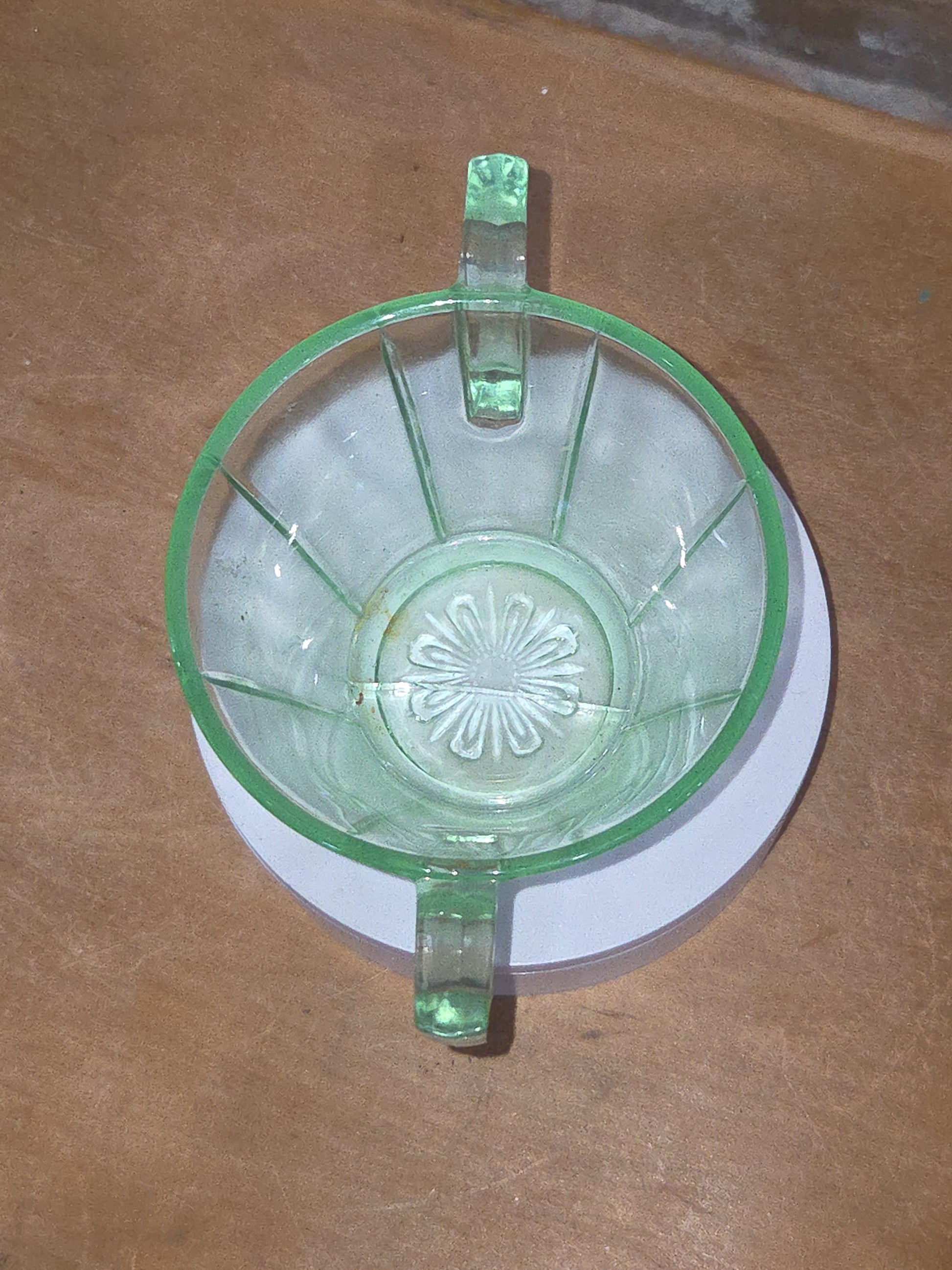 Vintage Uranium Green Depression Glass Sugar Bowl Vaseline AS IS Crack Glows dg78