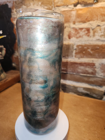 20 ounce stainless steel insulated alcohol ink art Tumbler tan, pink, aqua, white with 2 Lids. AS IS CLEARANCE ai22