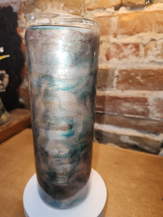 20 ounce stainless steel insulated alcohol ink art Tumbler tan, pink, aqua, white with 2 Lids. AS IS CLEARANCE ai22