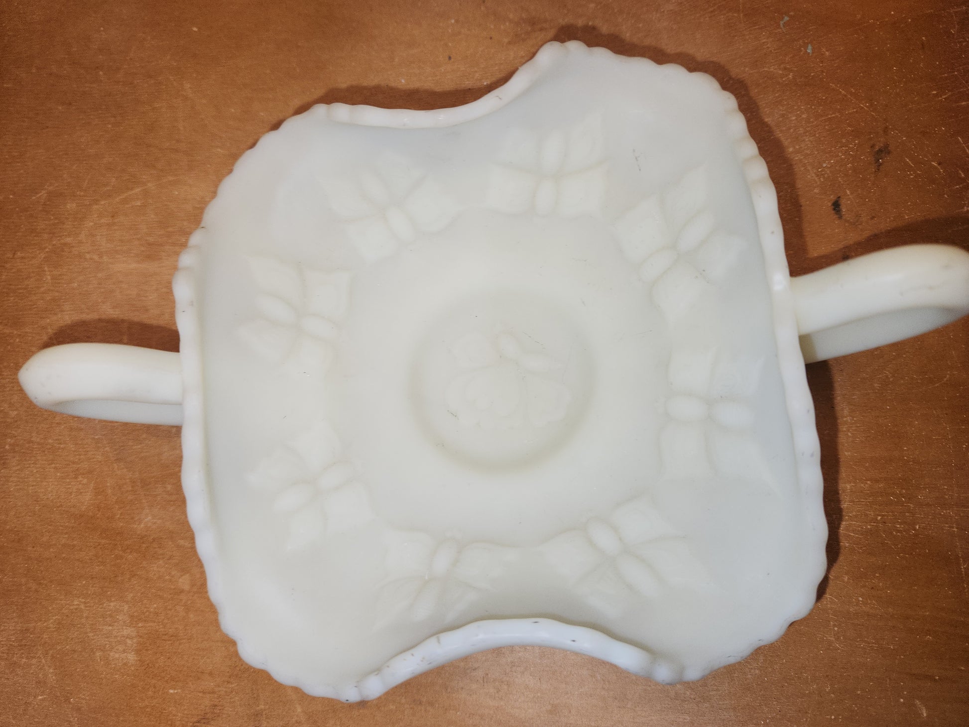 Fenton Vaseline Uranium Satin Handled Butterfly Ruffled Dish Candy Trinket GLOWS ug7