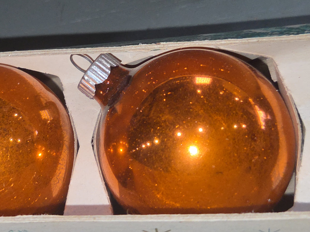 Vintage Shiny Brite Glass Christmas Ornaments Five 2" Orange Shades in Fanci-Pak Box As Is bo61