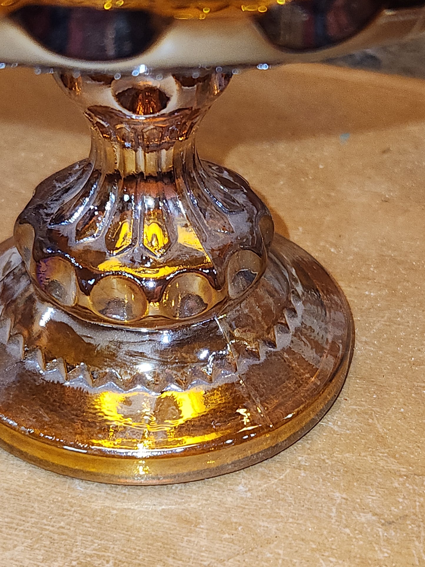 Indiana Glass Compote Kings Crown Thumbprint Pedestal Candy Dish Iridescent Gold cg9