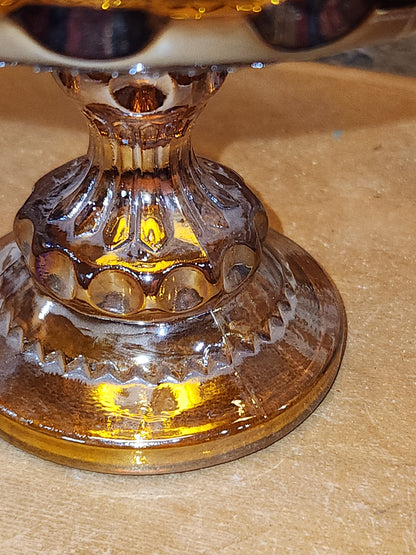 Indiana Glass Compote Kings Crown Thumbprint Pedestal Candy Dish Iridescent Gold cg9