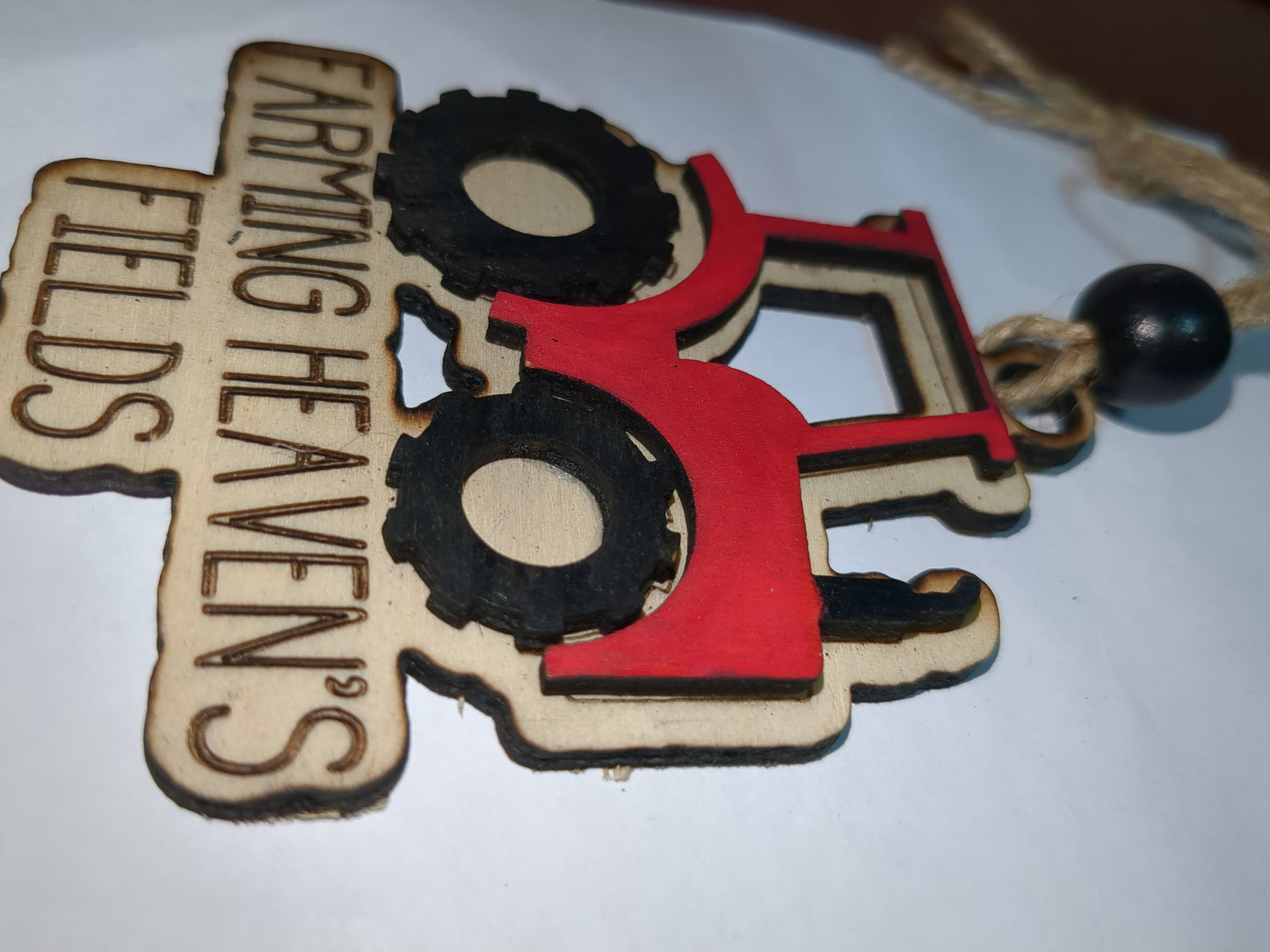 Ornament or car charm memorial red tractor "Farming Heaven's Fields"