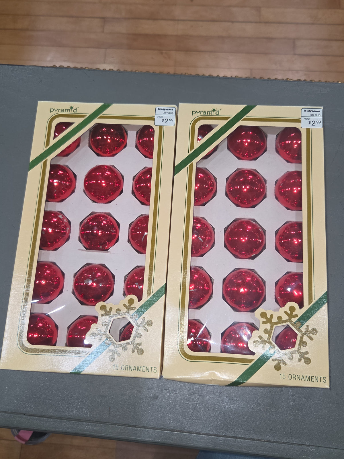 Vintage Pyramid Rauch Glass Ornaments Red 1 3/4" ornaments 2 Boxes 30 Ornaments AS IS Scratched bo87