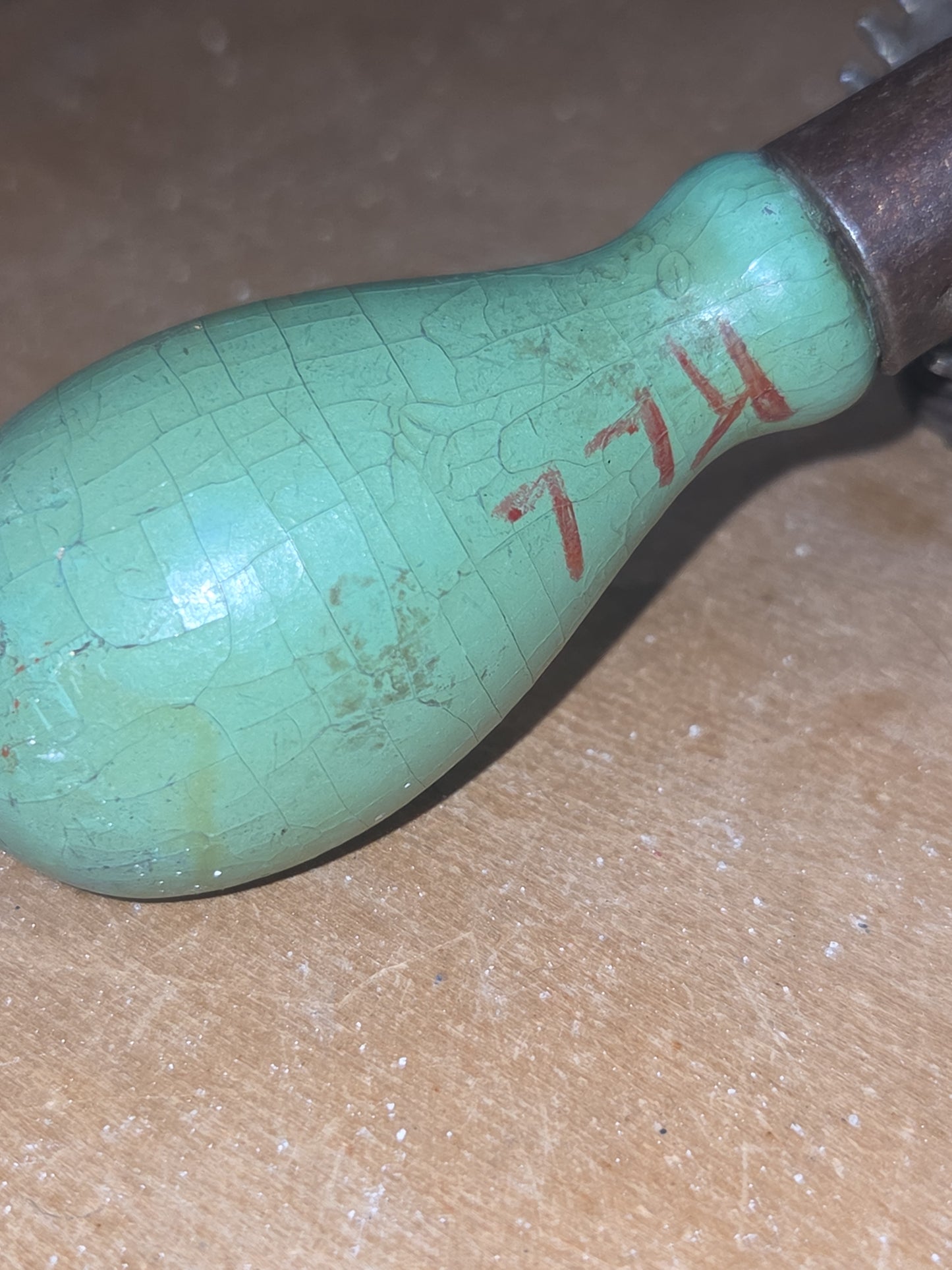 Vintage A & J  Hand Mixer Egg Beater Green Wood Handle kit601