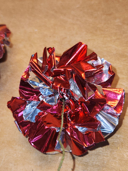 Vintage Crinkle Ball Ornaments or Picks Set of 3 Pinkish Red and Green vo21