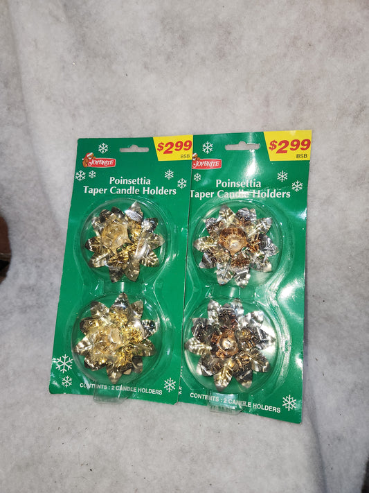 Vintage JoyBrite Poinsettia Taper Candle Holders Gold Silver NIP NOS