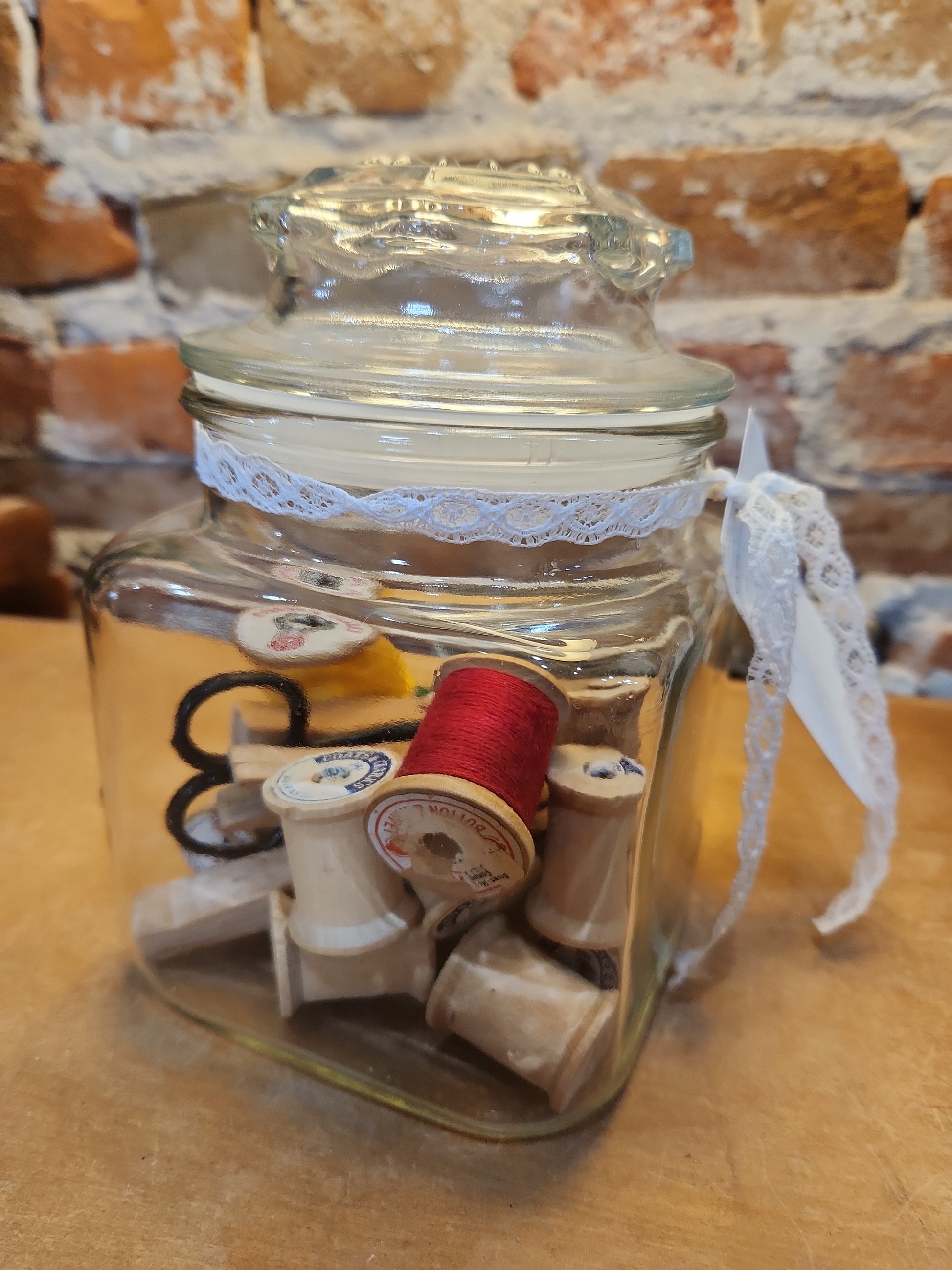 Vintage Sewing Jar Assemblage Wooden Thread Spools Scissors Wooden Clothespins Safety Pin vj12