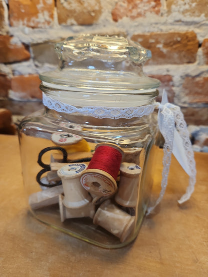 Vintage Sewing Jar Assemblage Wooden Thread Spools Scissors Wooden Clothespins Safety Pin vj12