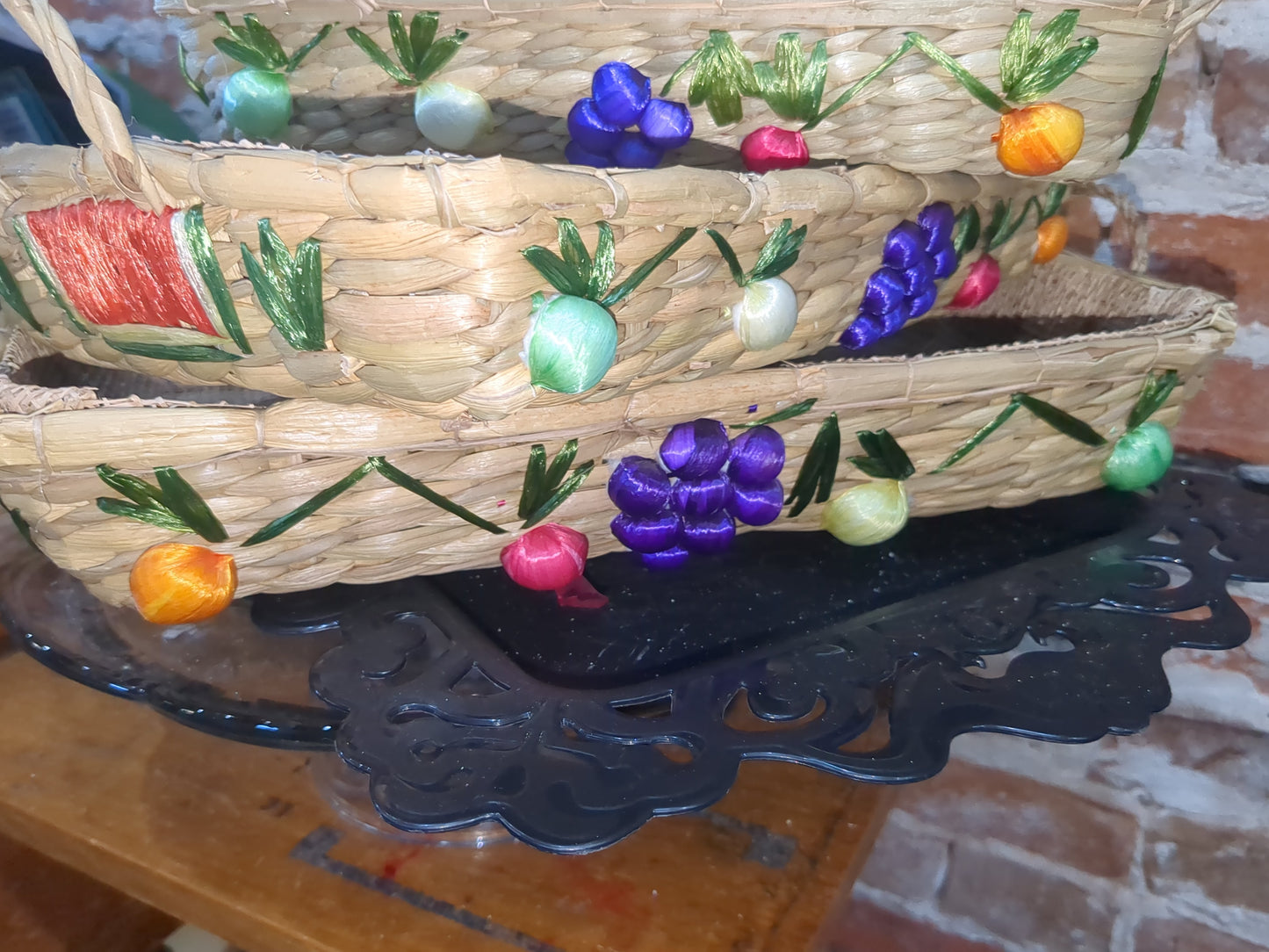 3 Vintage Boho Nesting Raffia Wicker Straw Lined Casserole Baskets, Tray Set 1970s or 1980s