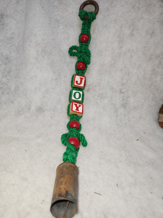 Vintage Handmade Macreme Joy Christmas Wall Door Hanger Wood blocks Wood Beads Old Bell 1970s