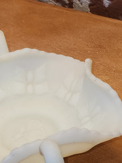 Fenton Vaseline Uranium Satin Handled Butterfly Ruffled Dish Candy Trinket GLOWS ug7