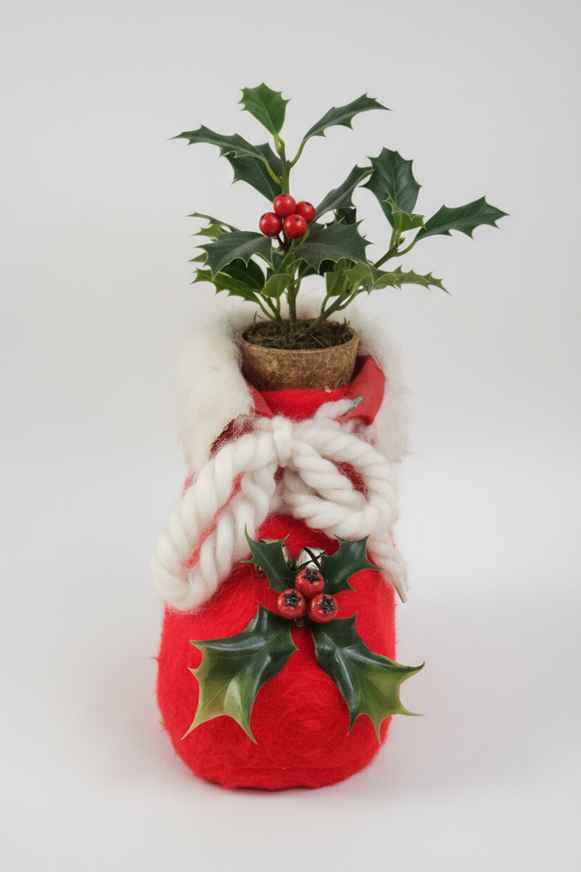 Vintage Red Santa Boot Planter Cover Holly & Bells White Trim ch111