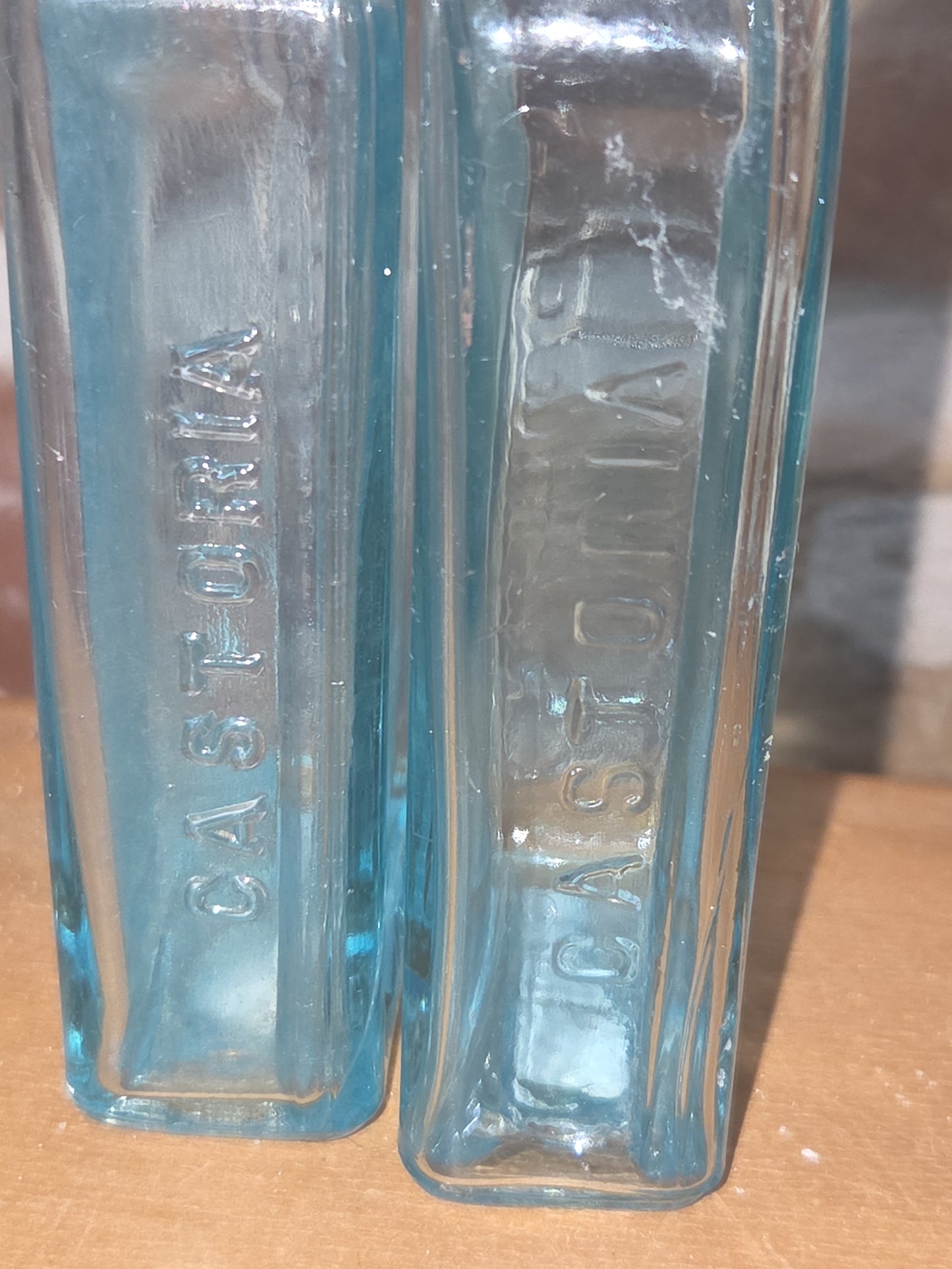 Vintage Medicine Bottles Cha H Fletcher Castoria Faint Blue Glass Set of 2 vmb43