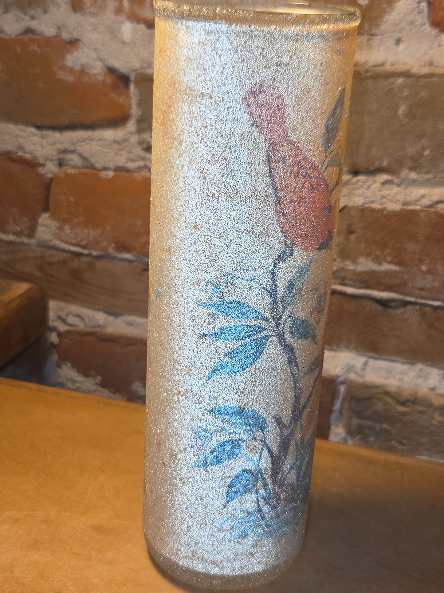 Vintage Sugar Frosted Pillar Glass Candle Holder Cardinal AS IS