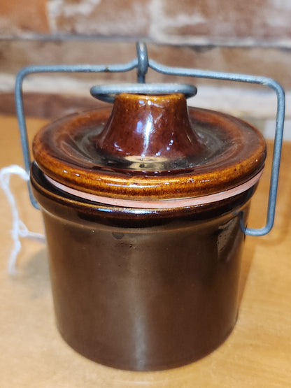 Vintage Small Brown Butter Crock Stoneware Lid and Metal Bail pot53