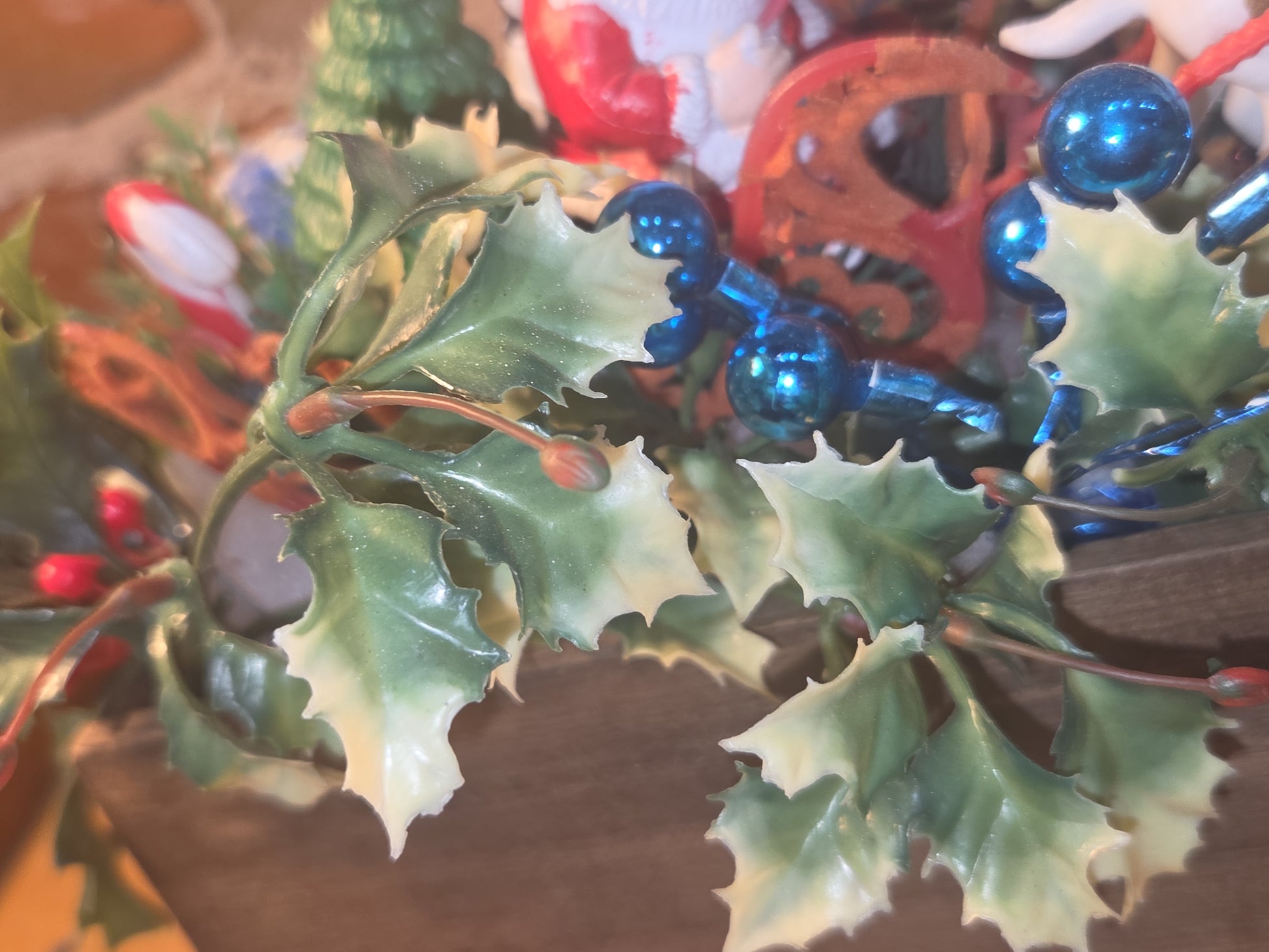 Assemblage With Vintage Blow Mold Santa and Reindeer Flocked Sleigh va98