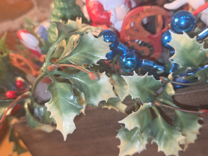 Assemblage With Vintage Blow Mold Santa and Reindeer Flocked Sleigh va98